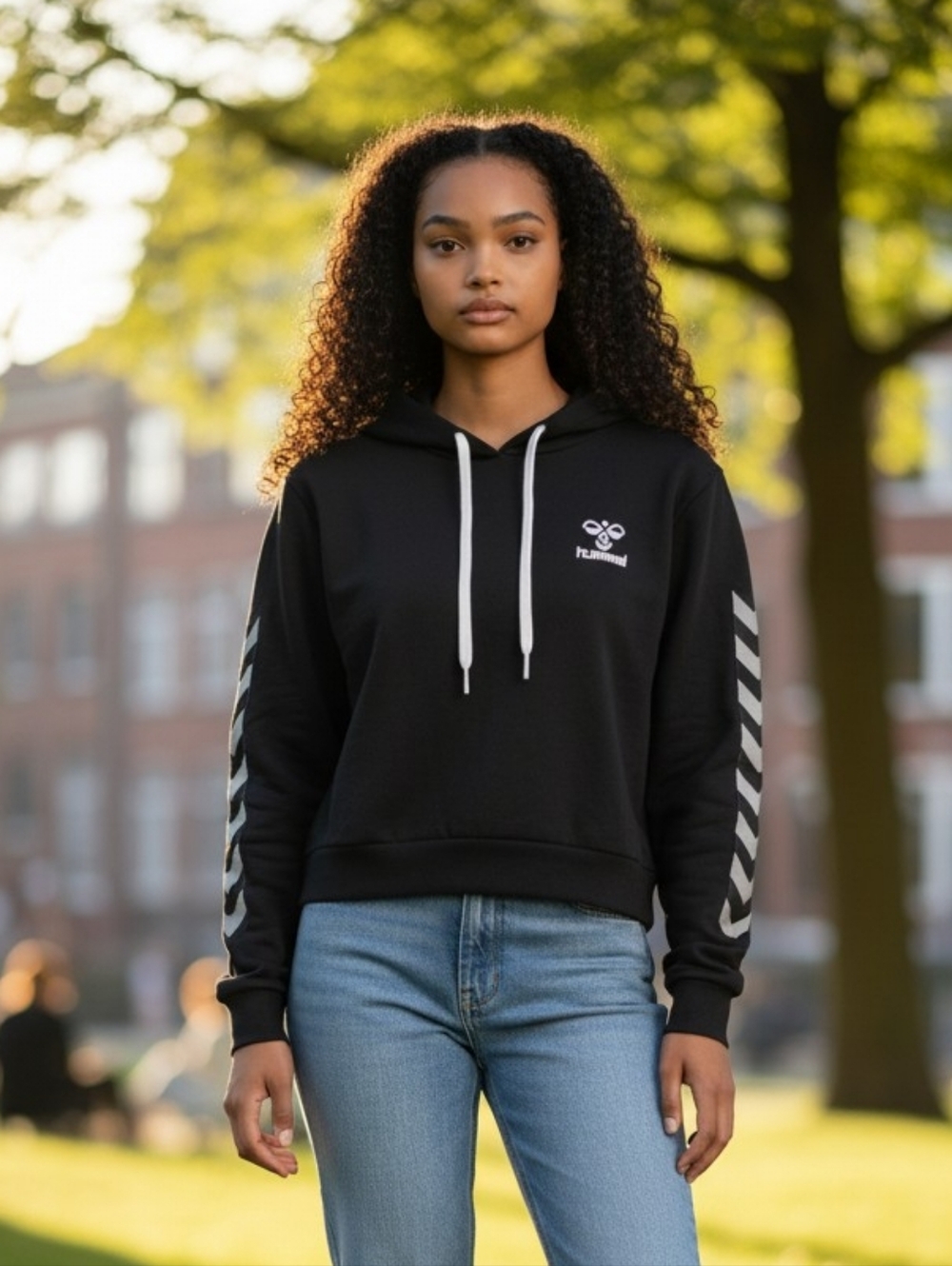 Hummel Black Hoodie with White Logo and Stripes